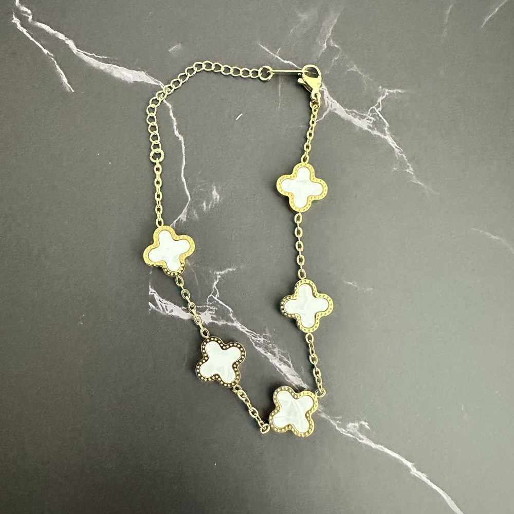 18K Gold Plated Clover Lucky Bracelet White Flower Four Leaf